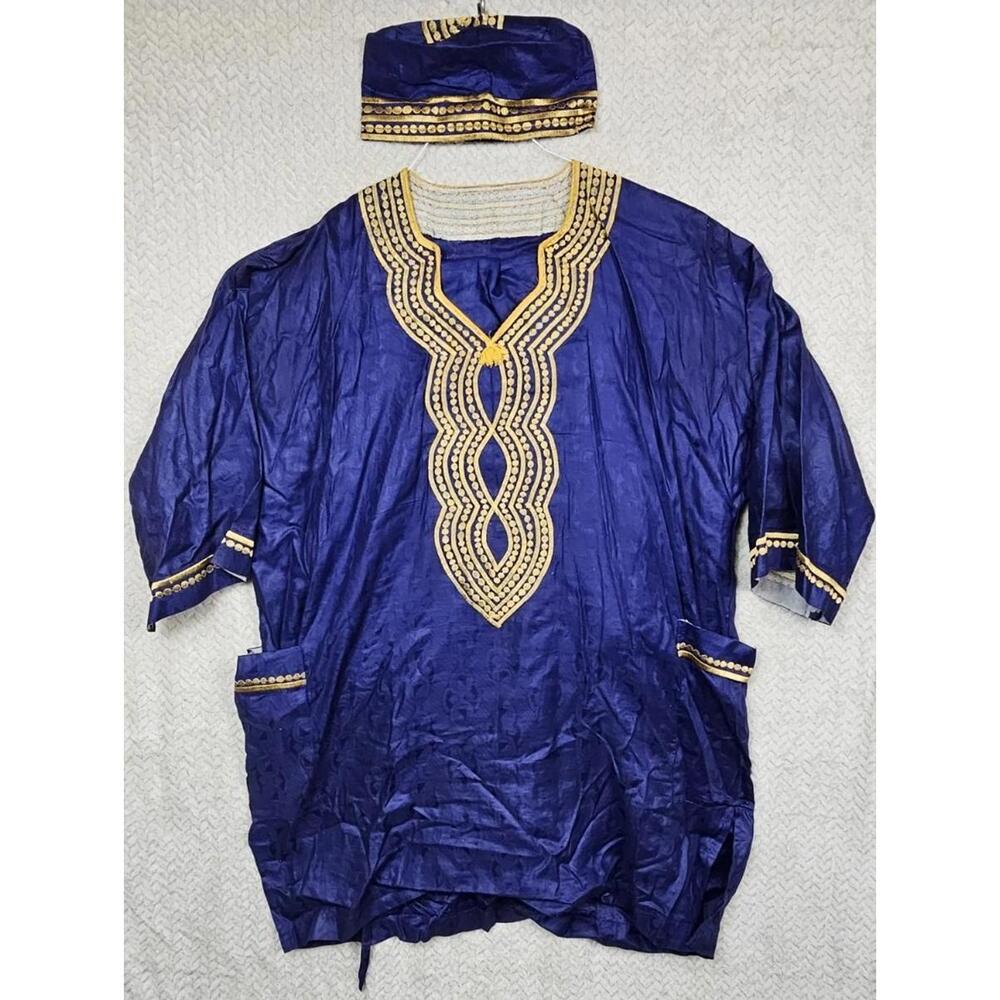 Dashiki Mens Top Pant 3 Pieces Outfit African Embroidered Top Cap Pants